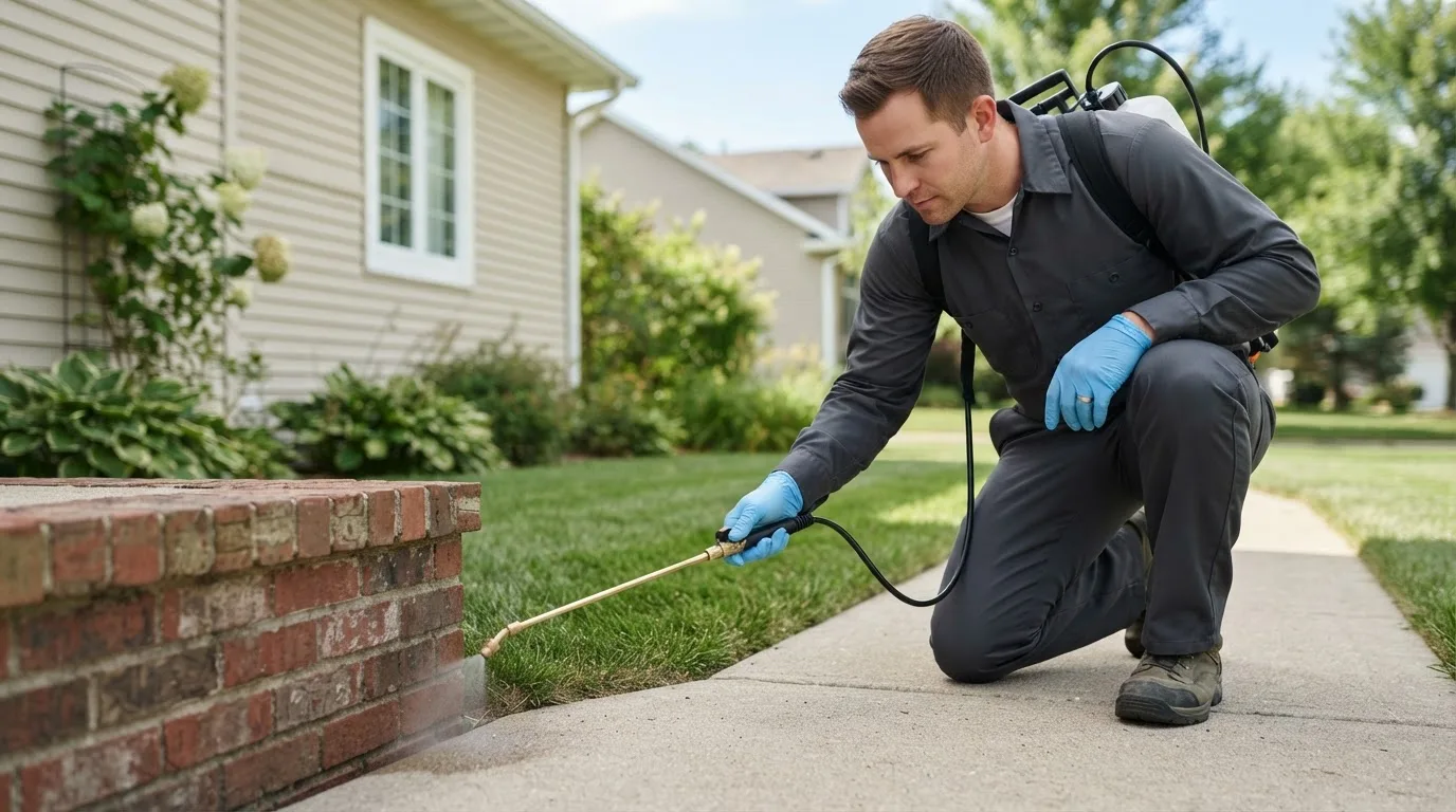 Pest control technician treating a home near Encinal, TX