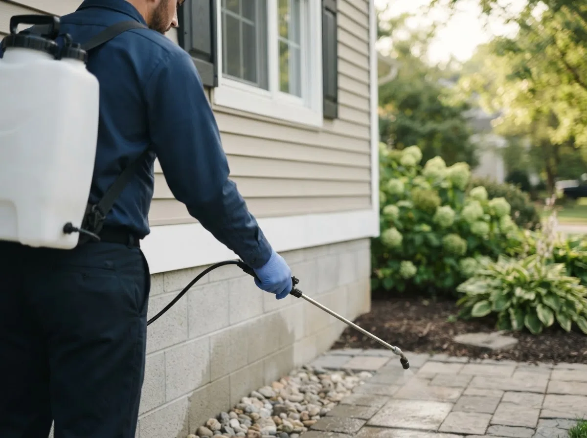Pest control technician inspecting a home in Encinal, TX